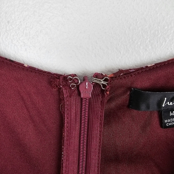 Lulu's Good Moments Burgundy Floral Print Split Sleeve Faux-Wrap Dress NWT - Picture 12 of 16